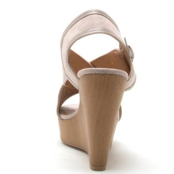 SALE! Taupe Tan Nude Crisscross Buckle Platform Wedges - Picture 5 of 9